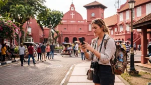 Tourist using mobile internet while exploring the historic streets of Malacca in Malaysia
