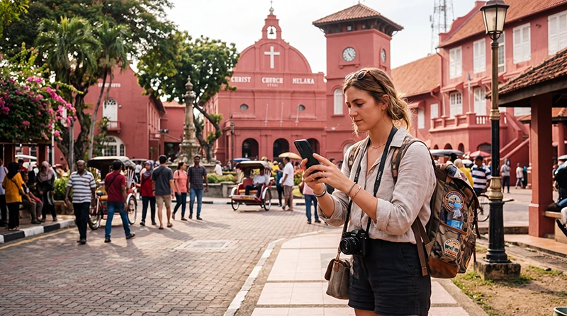 Tourist using mobile internet while exploring the historic streets of Malacca in Malaysia