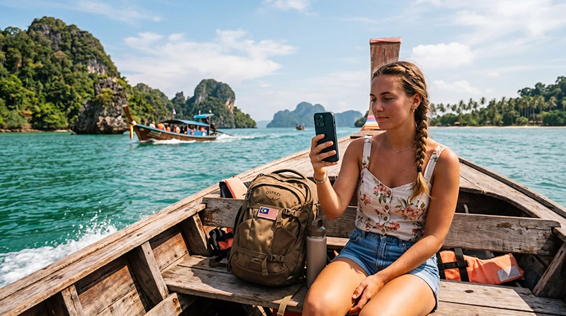 Traveler using mobile internet while island hopping in Malaysia