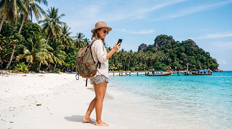 Traveler using mobile internet while visiting tropical islands in Malaysia