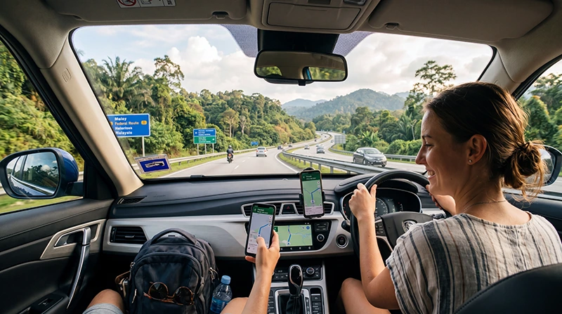 Travelers using mobile internet during a road trip across Malaysia