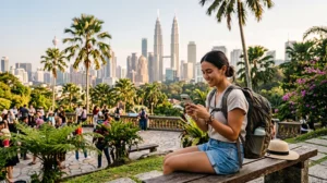 Traveler using mobile internet during a vacation in Malaysia