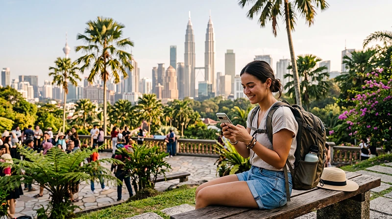 Traveler using mobile internet during a vacation in Malaysia