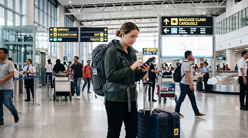 Traveler using mobile internet on a smartphone after arriving at Manila Airport