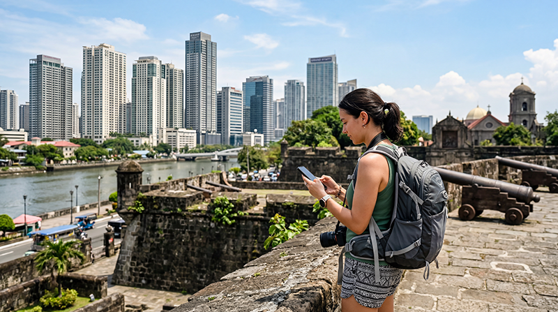 Tourist using mobile internet while exploring Manila in the Philippines