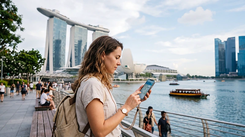 Tourist using mobile internet in Marina Bay Singapore with eSIM for maps, Grab and travel apps