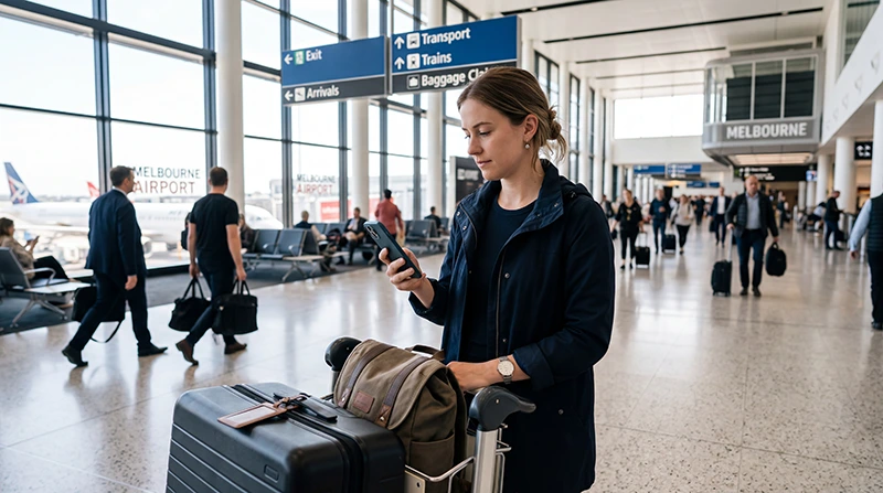 Traveler accessing mobile internet at Melbourne Airport after arriving in Australia