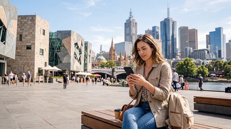 Tourist using mobile internet while exploring Melbourne Australia