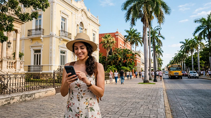 Tourist using smartphone with mobile internet while exploring the historic center of Merida Mexico