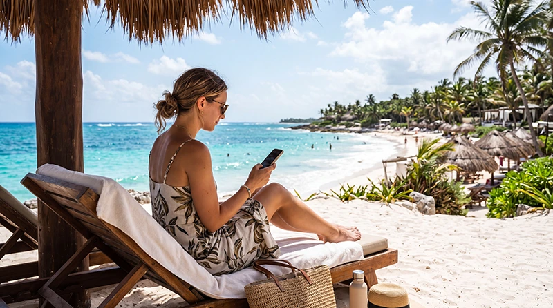Tourist using smartphone with mobile internet while relaxing on a beautiful beach in Mexico