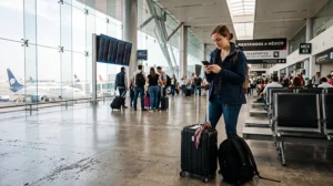 Traveler using mobile internet on smartphone after arriving at Mexico City Airport