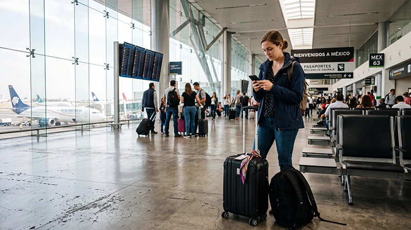 Traveler using mobile internet on smartphone after arriving at Mexico City Airport