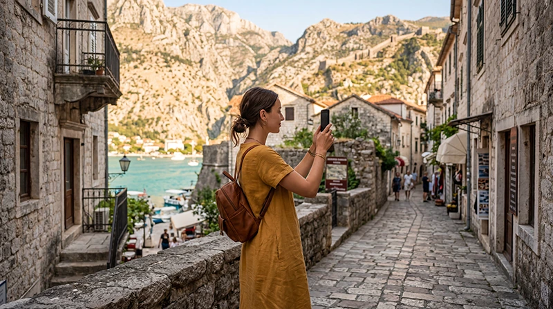 Tourist using mobile internet with an eSIM while visiting Kotor in Montenegro