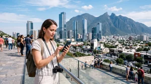 Tourist using smartphone with mobile internet while exploring Monterrey city center and skyline