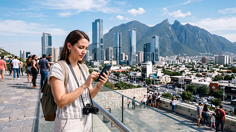 Tourist using smartphone with mobile internet while exploring Monterrey city center and skyline