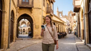 Tourist using mobile internet with an eSIM while exploring North Nicosia in North Cyprus