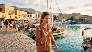 Tourist using mobile internet with an eSIM while traveling in North Cyprus