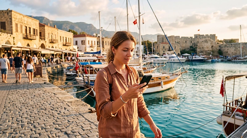 Tourist using mobile internet with an eSIM while traveling in North Cyprus
