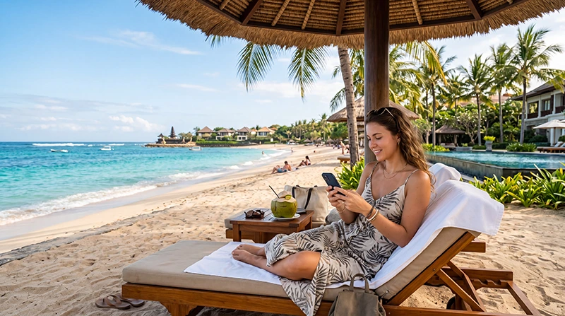 Tourist using mobile internet on a smartphone while staying at a beach resort in Nusa Dua, Bali, Indonesia