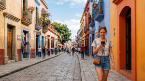 Tourist using smartphone with mobile internet while exploring the historic streets of Oaxaca Mexico