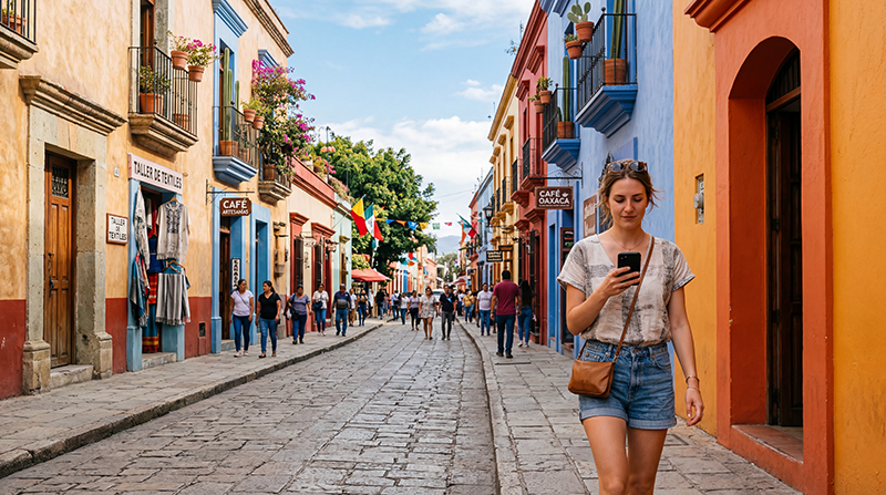 Tourist using smartphone with mobile internet while exploring the historic streets of Oaxaca Mexico