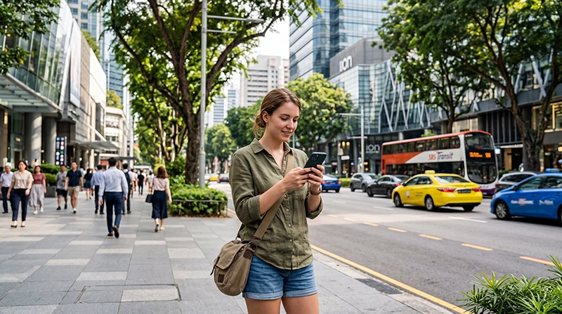 Tourist using mobile internet on Orchard Road Singapore with eSIM for maps, shopping, Grab and travel apps