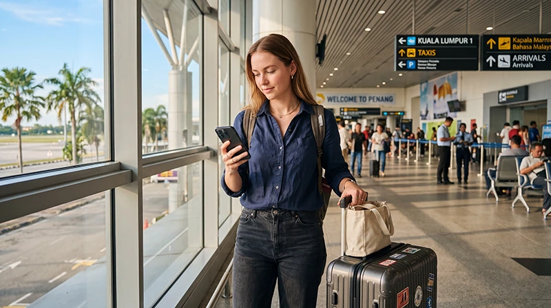 Traveler using mobile internet after arriving at Penang Airport in Malaysia