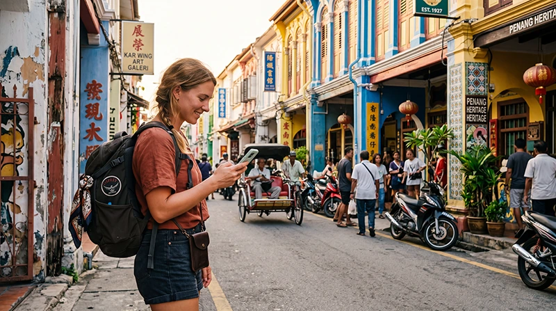 Tourist using mobile internet while exploring George Town in Penang Malaysia