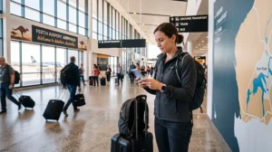 Traveler accessing mobile internet at Perth Airport after arriving in Australia