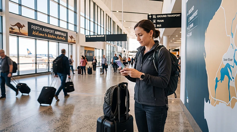Traveler accessing mobile internet at Perth Airport after arriving in Australia