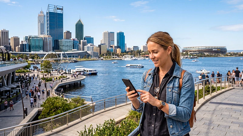 Tourist using mobile internet while exploring Perth Australia