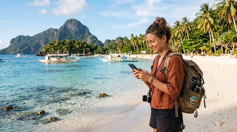 Tourist using mobile internet on a smartphone while traveling through the Philippines
