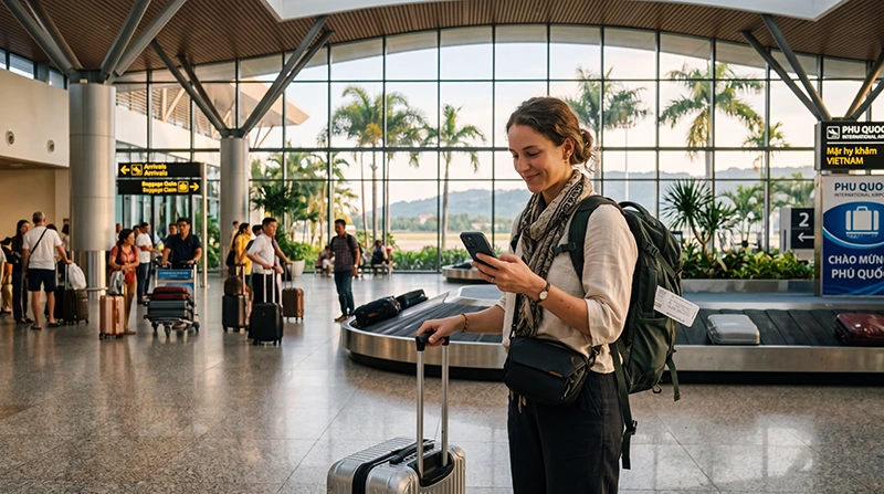 Traveler using mobile internet after arriving at Phu Quoc Airport in Vietnam
