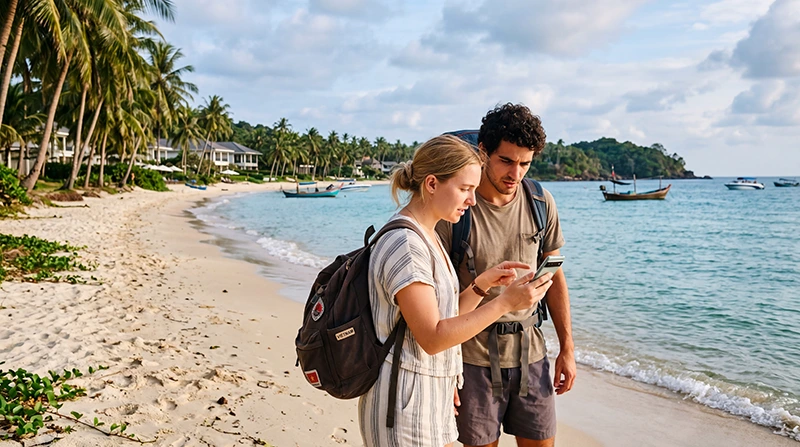 Tourists using mobile internet while exploring Phu Quoc Island in Vietnam