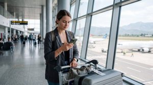 Traveler using mobile internet after arriving at Podgorica Airport