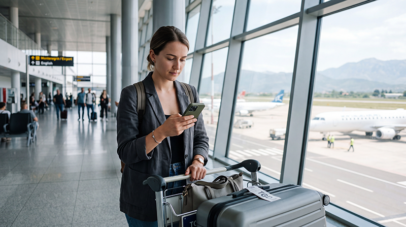 Traveler using mobile internet after arriving at Podgorica Airport