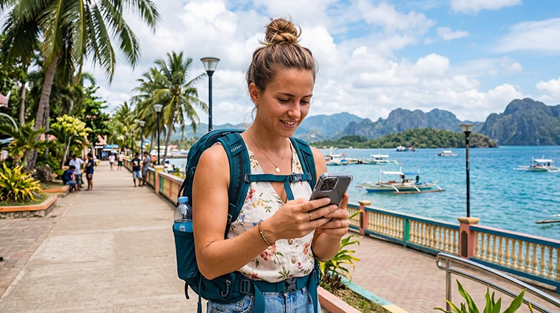 Tourist using mobile internet while exploring Puerto Princesa in Palawan, Philippines