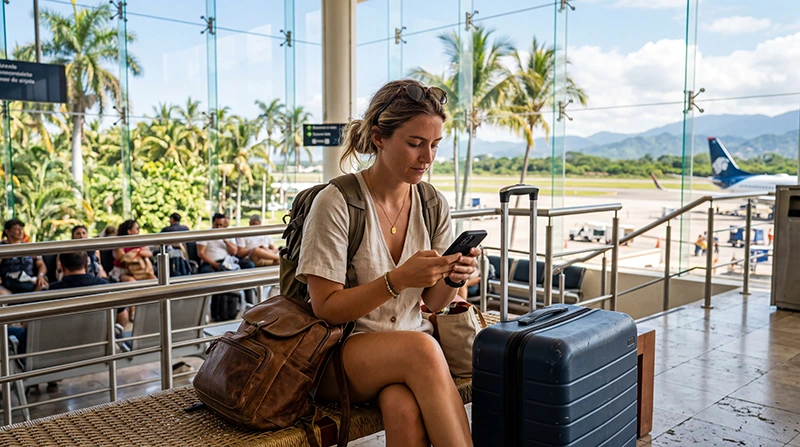 Traveler using mobile internet on smartphone after arriving at Puerto Vallarta International Airport