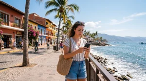 Tourist using smartphone with mobile internet while exploring Puerto Vallarta waterfront