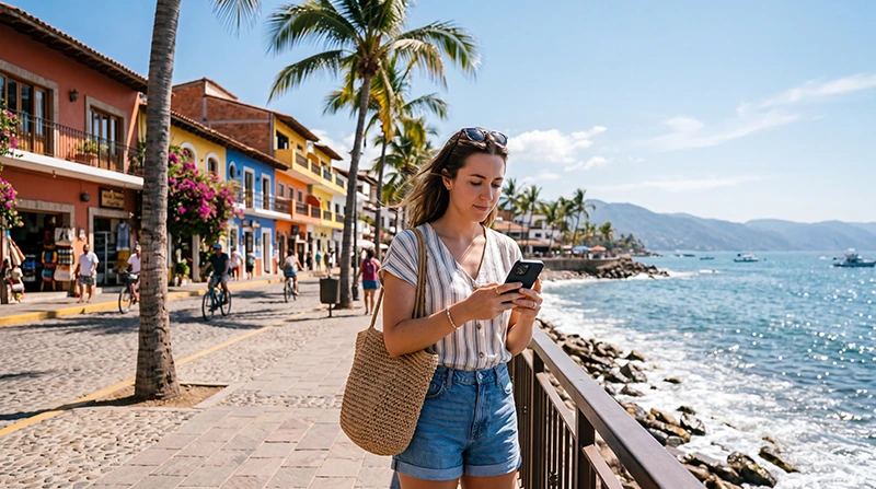 Tourist using smartphone with mobile internet while exploring Puerto Vallarta waterfront