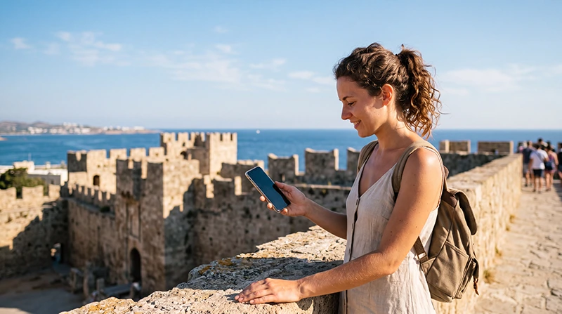 Tourist in Rhodes using mobile internet near the medieval Old Town and Aegean Sea