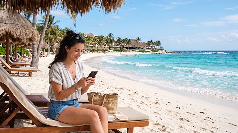 Tourist using smartphone with mobile internet while exploring the beaches of Riviera Maya Mexico
