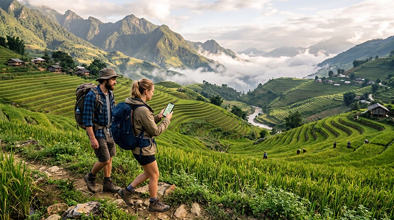 Tourists using mobile internet while exploring Sapa mountain landscapes in Vietnam
