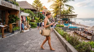 Tourist using mobile internet on a smartphone while exploring Seminyak in Bali, Indonesia