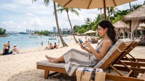 Tourist using mobile internet in Sentosa Singapore with eSIM for maps, attractions and travel apps