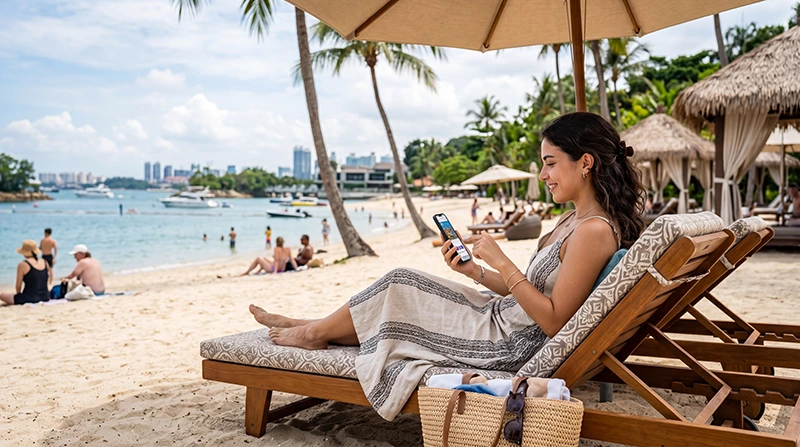 Tourist using mobile internet in Sentosa Singapore with eSIM for maps, attractions and travel apps