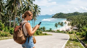 Tourist using mobile internet while exploring Siargao Island in the Philippines