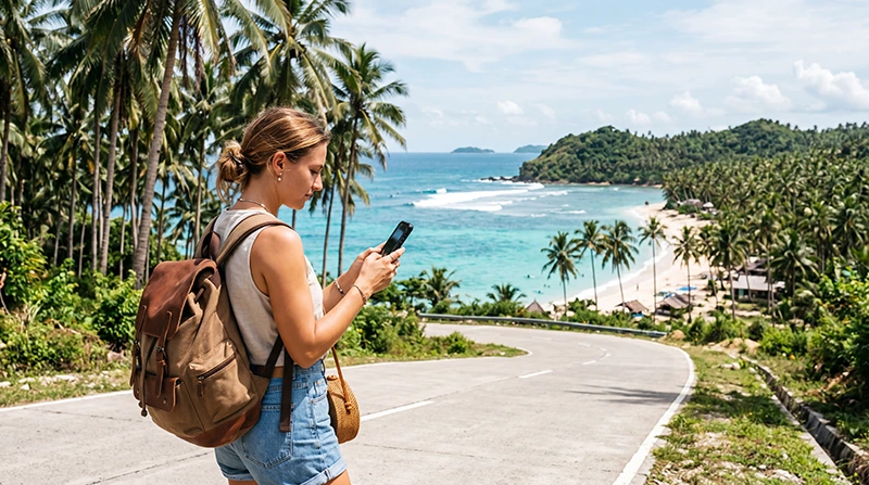Tourist using mobile internet while exploring Siargao Island in the Philippines