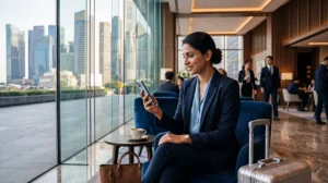 Business traveler using mobile internet in Singapore with eSIM for meetings, maps, Grab and work apps