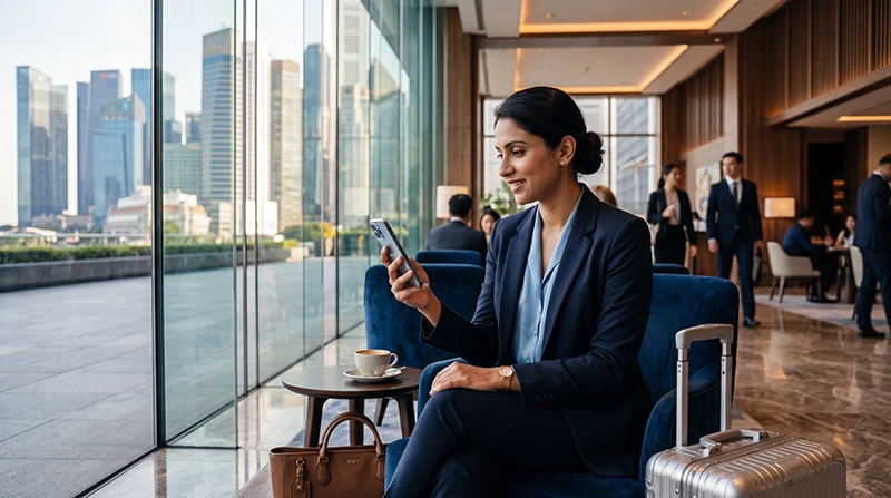 Business traveler using mobile internet in Singapore with eSIM for meetings, maps, Grab and work apps